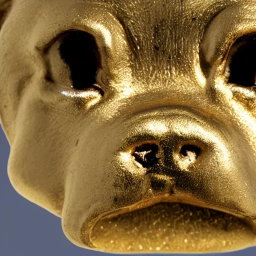 Image similar to an ancient roman gold coin with the face of a french bulldog, close up photo, ultra realistic, studio photo, bokeh.