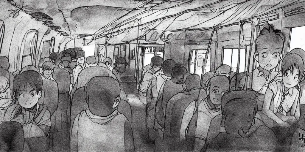 Prompt: inside sri lankan bus, drawn by hayao miyazaki, rule of thirds composition