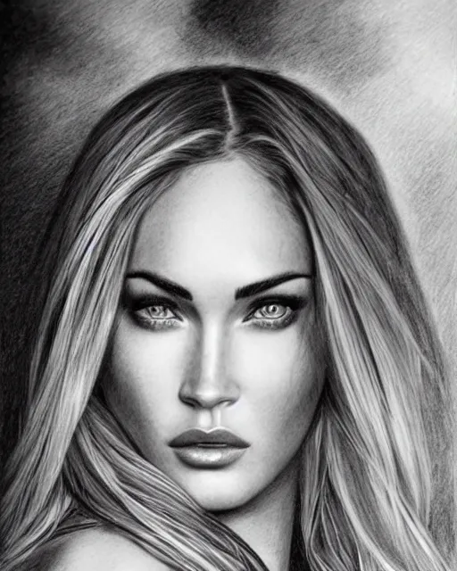 Image similar to pencil drawing of beautiful megan fox as greek goddess aphrodite, archer warrior, sagittarius tattoo, beautiful piercing eyes, flowing blonde hair, realistic face, hyper realistic, in the style of greg rutkowski, fantasy, amazing detail, epic, intricate, elegant, smooth, sharp focus