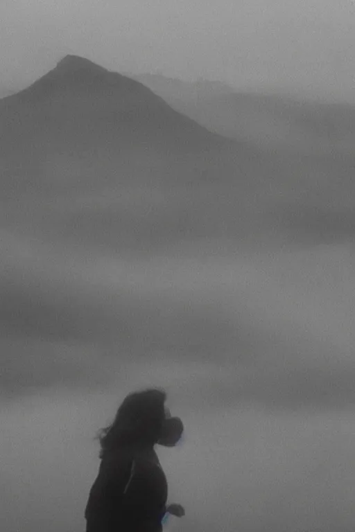 Image similar to film still of extreme close-up at young woman smile, fog, mountains in distance, 35mm