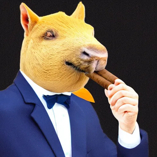 Prompt: smoking cigar, a man wearing a suit capybara head (smoking cigar)