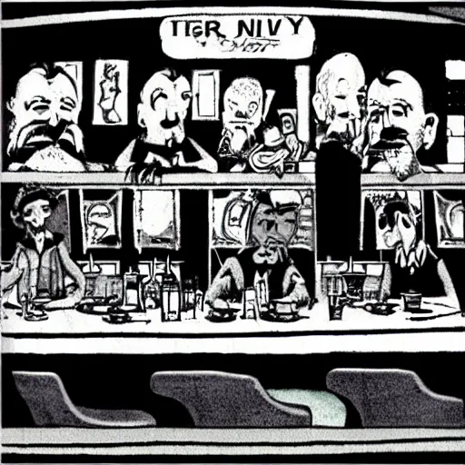 Prompt: terry gilliam style cartoon of nighthawks at the diner