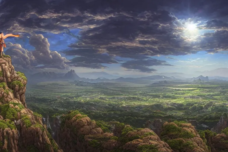 Image similar to an ultra detailed matte landscape painting of an extremely tall and strong young man with short brown hair standing on a cliff overlooking a medieval capital built on top of many hills, italian renaissance architecture, epic anime fantasy, 8 k, volumetric lighting, smooth, highly detailed, digital illustration, art by kentaro miura and akira toriyama and artgerm