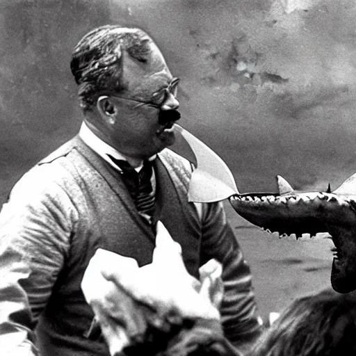 Image similar to teddy Roosevelt punching a shark at the county fair