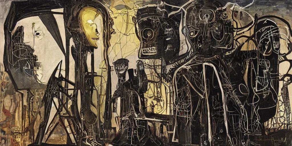 Image similar to solarpunk human, by david caspar friedrich and giger and Jean-Michel Basquiat