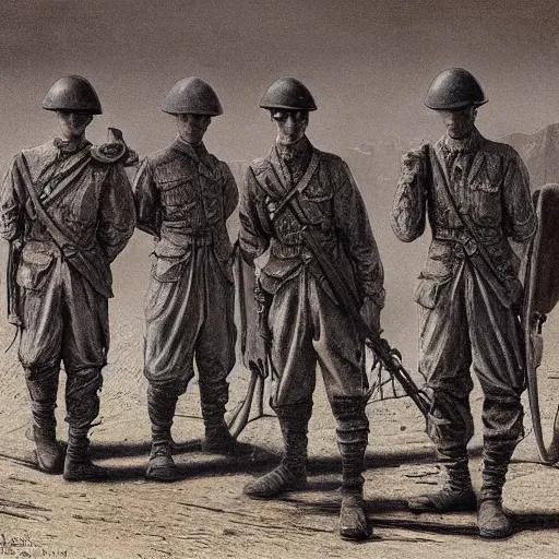 Prompt: ultra detailed photorealistic sepia - toned painting from 1 9 1 7, three british soldiers standing at an archaeological dig site in wadi rum, ultra realistic, painted, intricate details, lovecraft, atmospheric, dark, horror, brooding, highly detailed, by boris vallejo