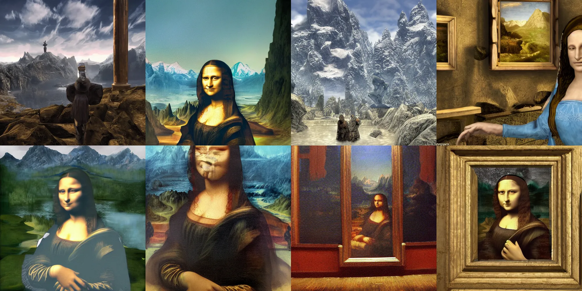 Prompt: the mona lisa in skyrim, the video game, artistic 3 d render, running through the mountains