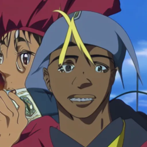 Image similar to Tupac Shakur, screenshot from a 2012s anime