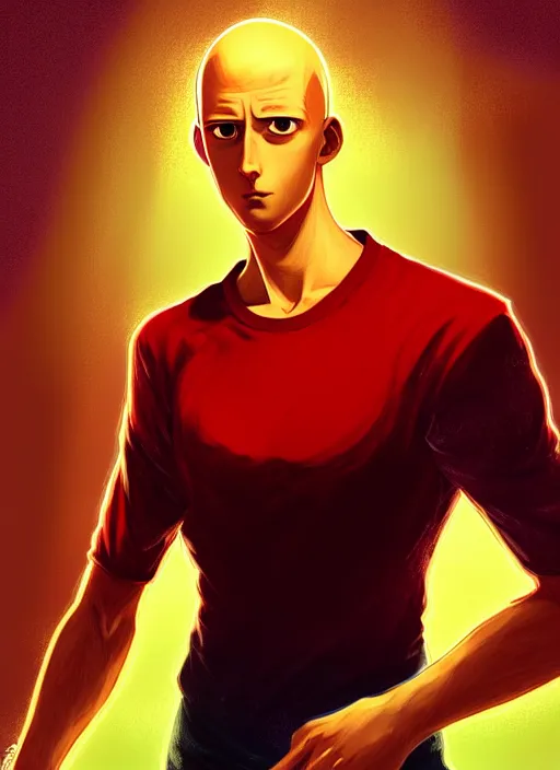 Image similar to handsome saitama, half body shot, path traced, red and yellow, highly detailed, high quality, digital painting, alena aenami, lilia alvarado, shinji aramaki, karol bak, alphonse mucha, tom bagshaw