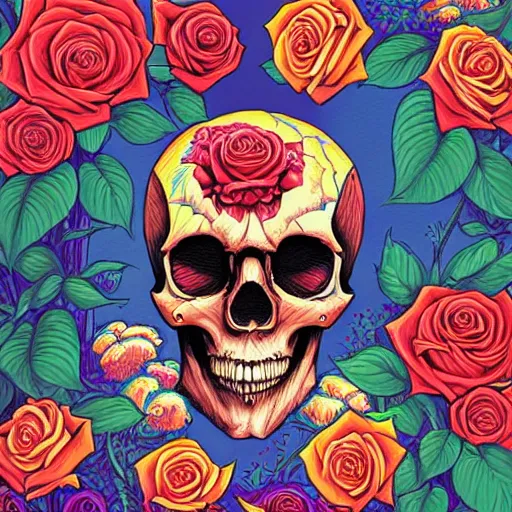 Image similar to ortographic view of a large skull and vivid roses by Jen Bartel and Dan Mumford and Satoshi Kon, gouache illustration