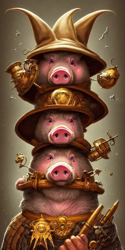 Image similar to rpg! profile!!! portrait of humanoid pig on white background, wizard hat, wizard cloak, surreal, vintage doll, intricate, highly detailed, digital painting, artstation, concept art, smooth, sharp focus, illustration, art by norman rockwell emiliano ponzi andrey remnev yoann lossel aaron jasinski, 8 k