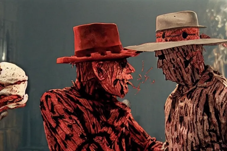 Prompt: Freddy Krueger facing off against Pinhead, epic, cinematic, 8k