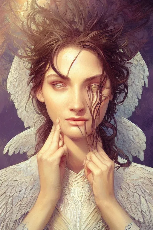 Image similar to up close portrait of a beautiful angel, d & d, face, fantasy, intricate, elegant, highly detailed, digital painting, artstation, concept art, smooth, sharp focus, illustration, art by artgerm and greg rutkowski and alphonse mucha