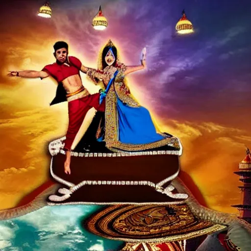 Image similar to bad photoshop of an indian man on a flying carpet singing alladin