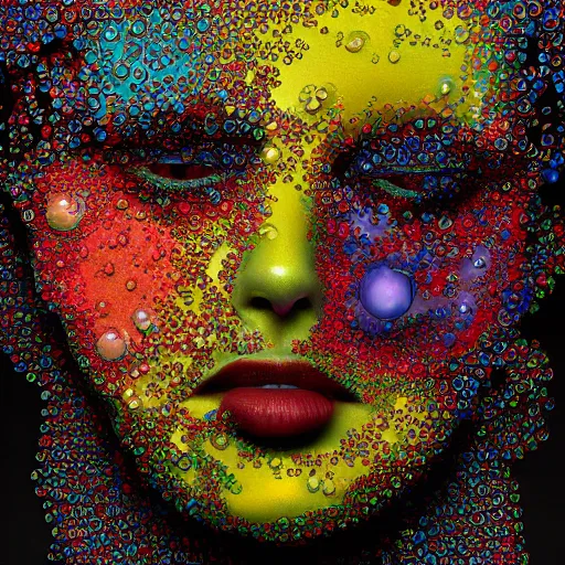 Prompt: multicolored bubbles arranged in the shape of a face, 4k, high details, colorful, creepy surrealism, unsettling, trending on Artstation, award-winning, art by Chris Moore, by Chiharu Shiota, by Igor Morski