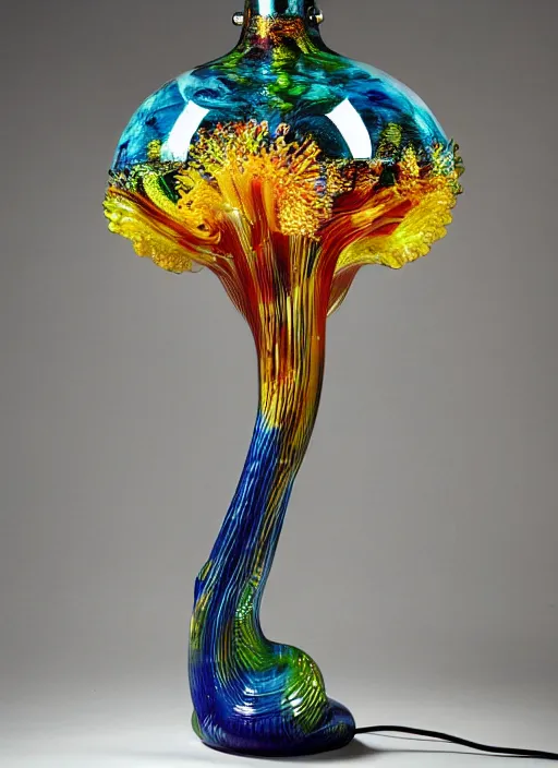 Prompt: a vintage banker lamp designed by dale chihuly