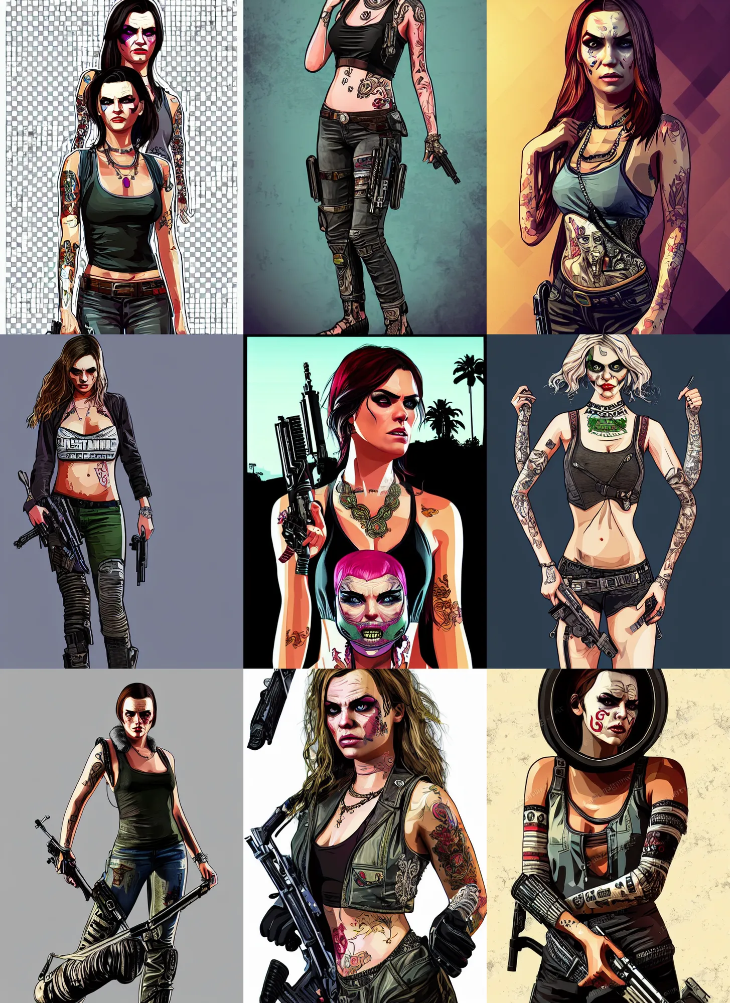 Prompt: gta 5, full body concept, mad max female with beautiful face and eyes wearing intricate clothing, digital illustration in the style of a gta artwork, gta v cover