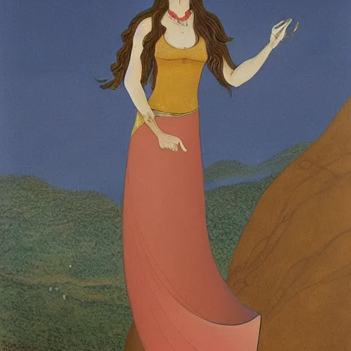 Image similar to Beautiful woman with long brown hair and a flowing dress standing on the ledge of a mountain, micheal parkes —H 768