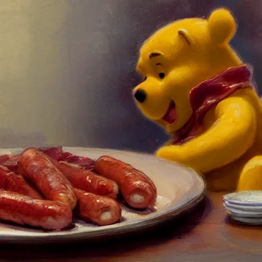 Image similar to close up of winnie the pooh with a plate of sausages and bacon, cinematographic shot, by daniel f. gerhartz