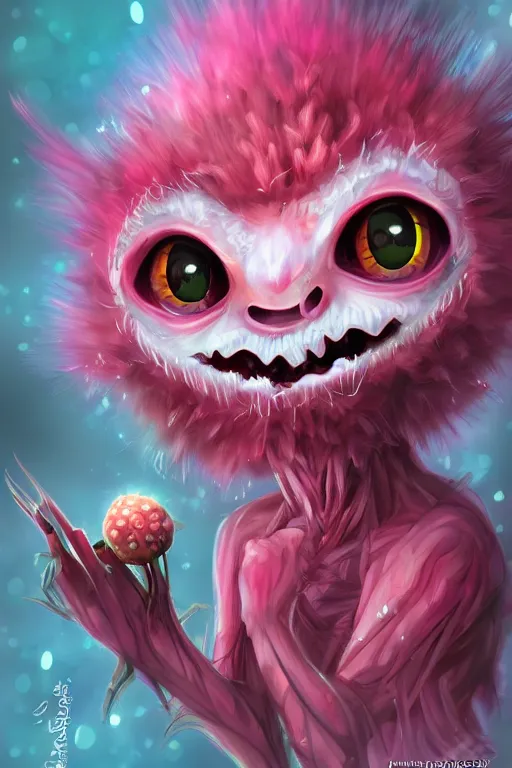 Prompt: a humanoid figure dandelion raspberry monster, large eyes and menacing smile, highly detailed, digital art, sharp focus, trending on art station, anime art style