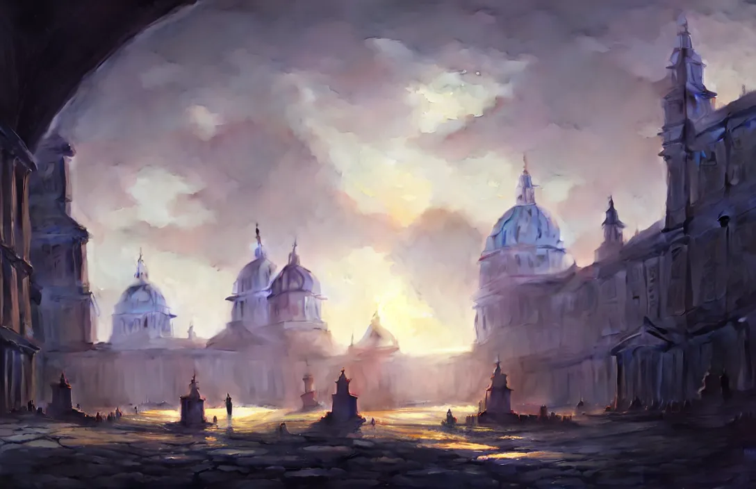 Prompt: royal naval college, people, blue sky, fantasy, concept art, low angle, highly detailed, warm lighting, volumetric, godrays, vivid, trending on artstation, by jordan grimmer, greg rutkowski