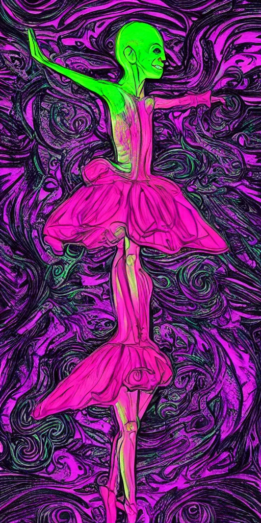 Image similar to an alien ballerina dancer, sambo, distorted, hp lovecraft, vivid and psychedelic lighting