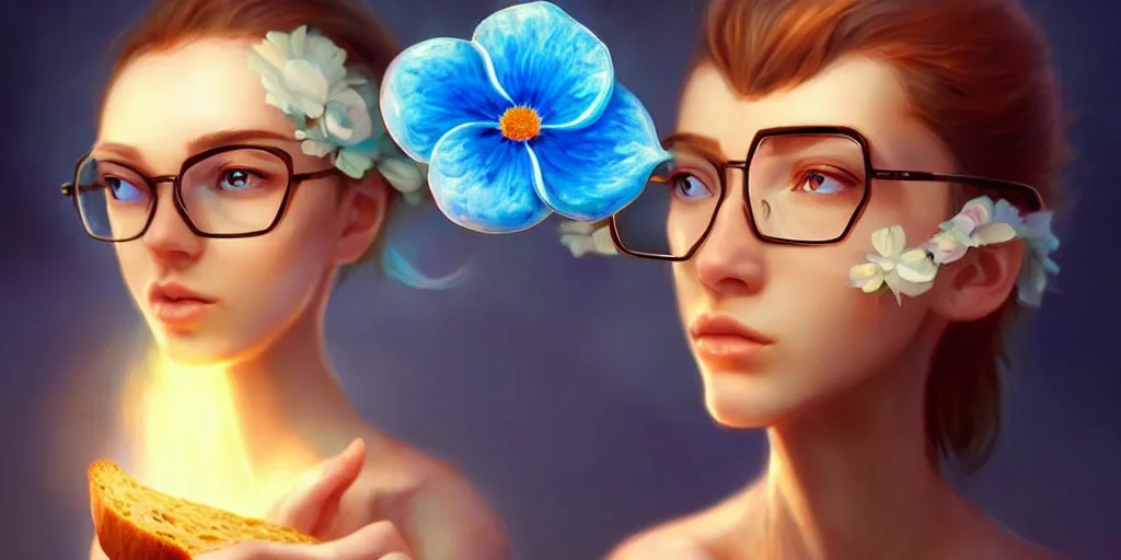 Image similar to epic professional digital art of a bread toast!!! wearing 👓!!!! and a blue flower!!!!, best on artstation, cgsociety, wlop, cosmic, epic, stunning, much detail, much wow, masterpiece, backlight