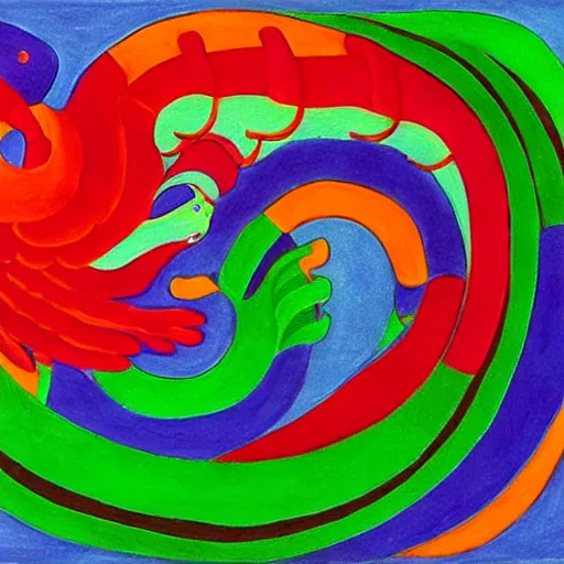 Prompt: a quetzalcoatl paint by escher