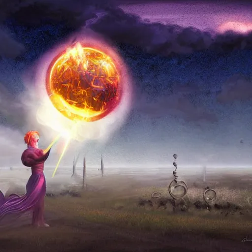 Image similar to Magical glowing sphere in midair, with a unicorn inside it. A white celestial unicorn is trapped inside the sphere. A burnt landscape is in the background. The sphere is held up by sinister rusting steel pincers that reach from the ground, and has a unicorn inside it. Digital art, by Gerald Brom