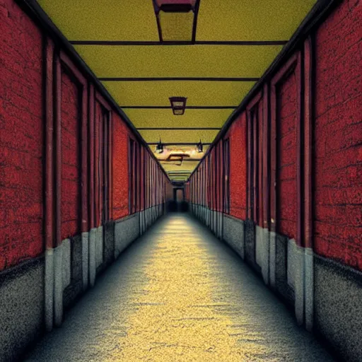 Image similar to a long colorful asylum hallway, one point perspective, vanishing point, symmetrical composition, rich colors, dramatic lighting, by lee madgwick, photorealistic, v - ray render 8 k uhd