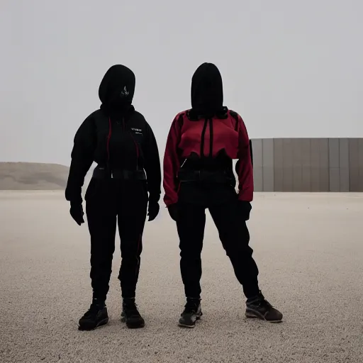 Prompt: photograph of 2 women wearing techwear in front of a brutalist metal building, on a desolate plain, red eerie sky, sigma 8 5 mm f / 1. 4, 4 k, depth of field, high resolution, 4 k, 8 k, hd, full color