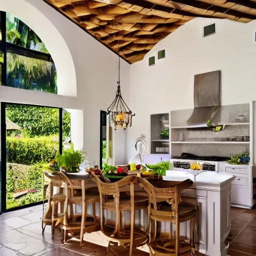 Prompt: an architectural digest photo of a 2 story spanish colonial kitchen, lots of natural light, plants, white walls, wood accent ceiling, plants, splashes of vibrant color, solarpunk, christopher alexander, beautiful award winning, 4 k, professional architect, million dollar homes, earth tones, view out into nature