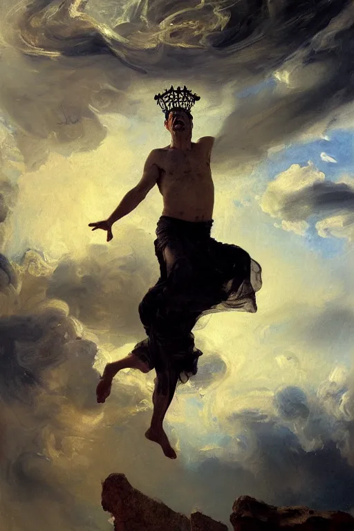 Image similar to beautiful detailed expressive impressionistic oil painting portrait of ancient roman god emperor steve buscemi levitating, ascending into the dark wearing the civic crown, renaissance painting, black background, art by anders zorn, wonderful masterpiece by greg rutkowski, expressive brush strokes, beautiful cinematic light, american romanticism by greg manchess, jessica rossier