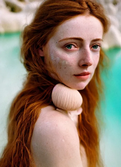 Image similar to Kodak Portra 400, 8K, soft light, volumetric lighting, highly detailed, britt marling style 3/4 ,portrait photo Close-up portrait photography of a beautiful woman how pre-Raphaelites, the face emerges from Pamukkale, thermal waters flowing down white travertine terraces, inspired by Ophelia paint ,and hair are intricate with highly detailed realistic beautiful flowers , Realistic, Refined, Highly Detailed, interstellar outdoor soft pastel lighting colors scheme, outdoor fine art photography, Hyper realistic, photo realistic