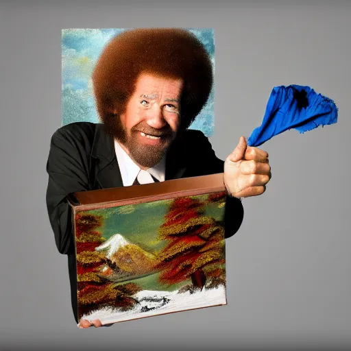 Image similar to Bob Ross throwing paintings away into the trash bin, trending on artstation, 4k, 8k