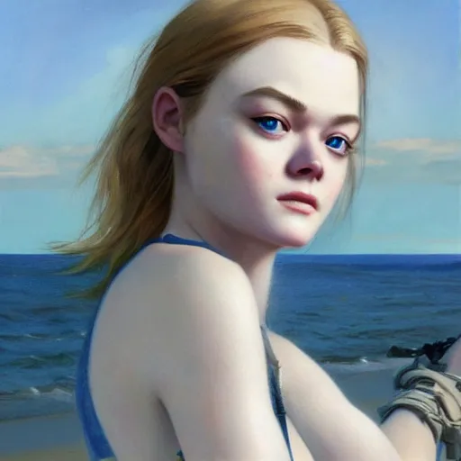 Image similar to ultra realistic portrait painting of elle fanning at the beach in the world of metal gear solid and death stranding, art by frank frazetta, 4 k, ultra realistic, highly detailed, epic lighting