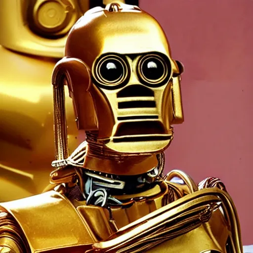 Prompt: c 3 po looks like nick nolte with spaghetti in his mouth