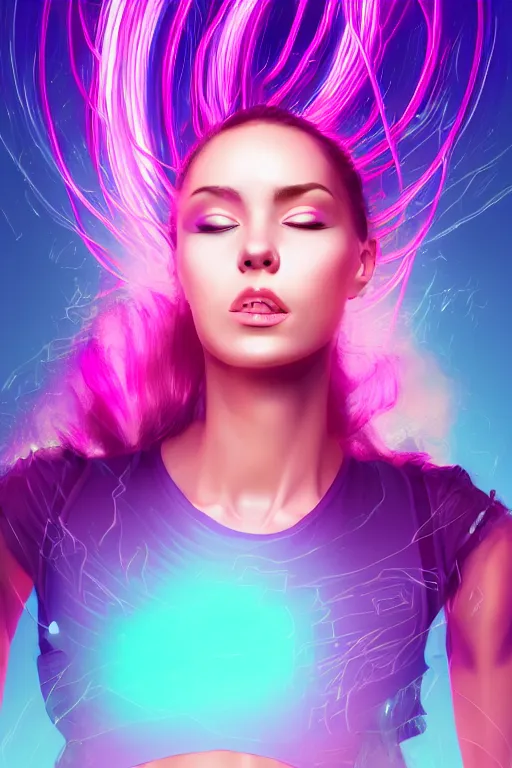 Image similar to a award winning half body portrait of a beautiful woman in a croptop and cargo pants with ombre purple pink teal hairstyle with head in motion and hair flying, surrounded by whirling illuminated lines, outrun, vaporware, shaded flat illustration, digital art, trending on artstation, highly detailed, fine detail, intricate