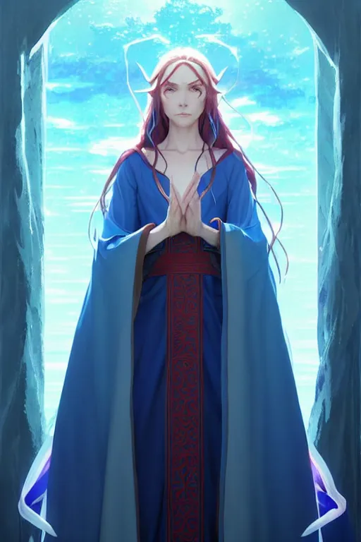 Image similar to elf female sorcerer doing water magic spells, blue robes, red hair, finely detailed perfect face, exquisite details, mid view, design on a white background, by studio muti, greg rutkowski makoto shinkai takashi takeuchi studio ghibli