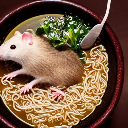 Image similar to ! dream rat in ramen bowl, michelin star restaurant, award winning photo, food photography, 4 k