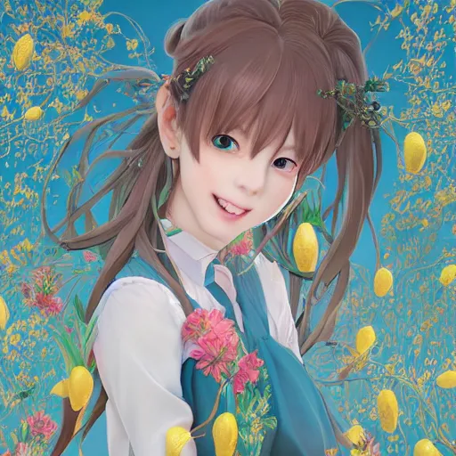 Prompt: the portrait of an absurdly beautiful, graceful, elegant, sophisticated, cute young teen anime girl made up of lemons looking up smiling, an ultrafine hyperdetailed illustration by kim jung gi, irakli nadar, intricate linework, bright colors, octopath traveler, final fantasy, unreal engine 5 highly rendered, global illumination, radiant light, detailed and intricate environment