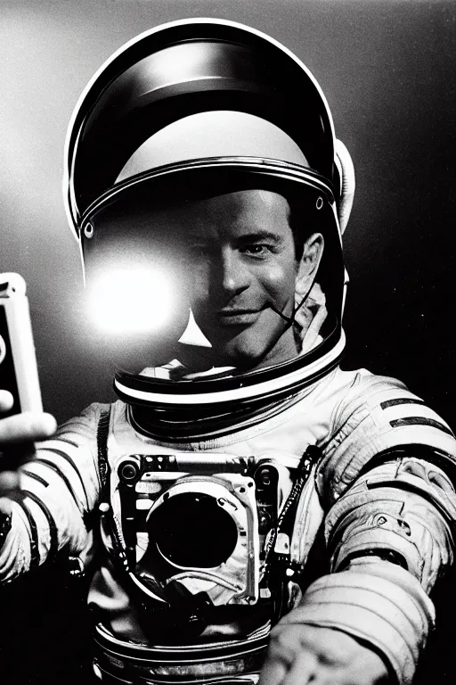 Image similar to extremely detailed studio portrait of space astronaut taking a selfie, holds a smart phone in one hand, phone!! held up to visor, reflection of phone in visor, moon, extreme close shot, soft light, golden glow, award winning photo by george hurrell