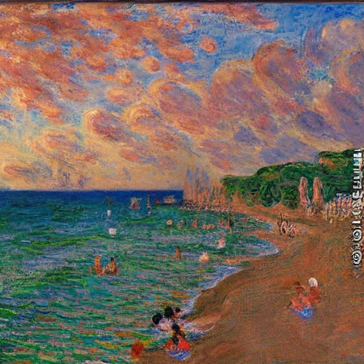 Prompt: oil paint impasto reliefs, italian beach scene, an artwork by charles w. bartlett and claude monet and colin campbell cooper