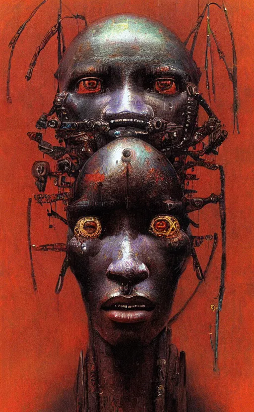 Image similar to portrait of mecha african tribal chief, insibidi symbols, symmetrical, dramatic lighting, art by zdzislaw beksinski,