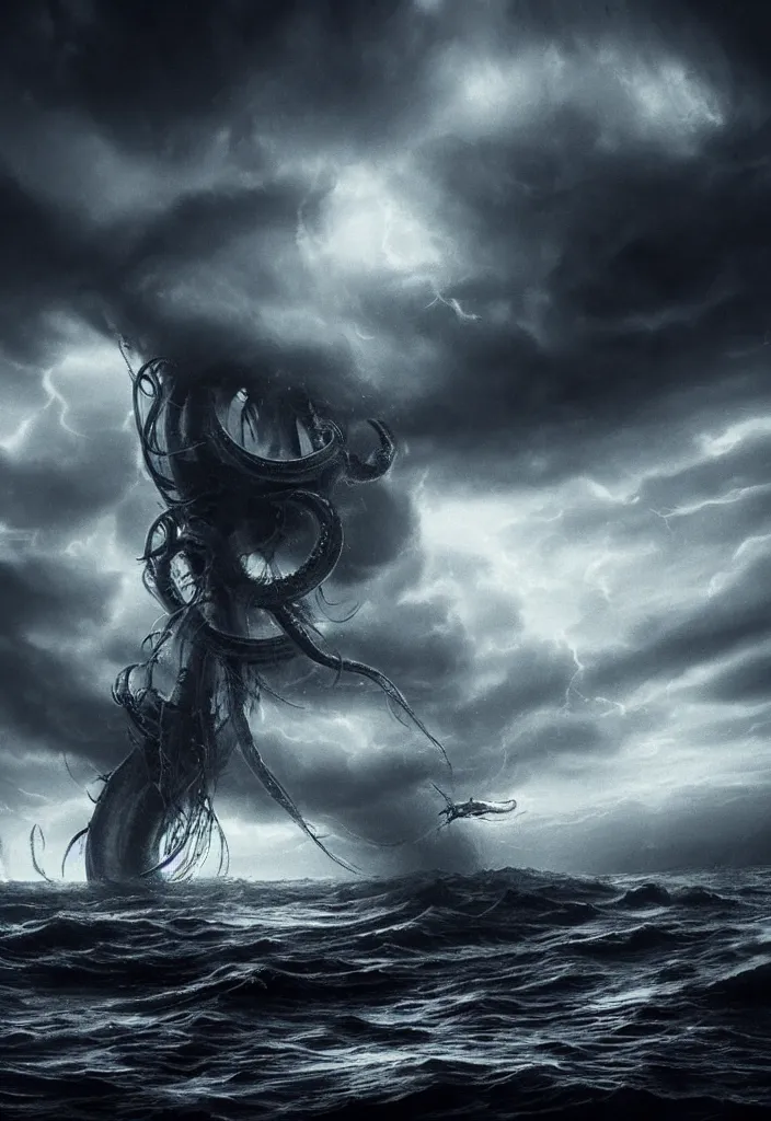 Prompt: kraken devours a ship in a storm, dark and mysterious, atmospheric, ominous, eerie, cinematic, cinematic, 4k, ultra detail, ultra realistic