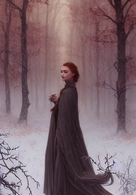 Prompt: portrait of sansa stark in foggy forest, autumn, november, intricate, elegant, highly detailed, digital painting, artstation, concept art, smooth, sharp focus, illustration, art by artgerm and greg rutkowski and alphonse mucha and william - adolphe bouguereau