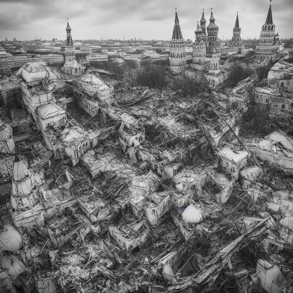 Image similar to collapse of kremlin moscow, destruction, chaos, 4 k, realistic, professional photography