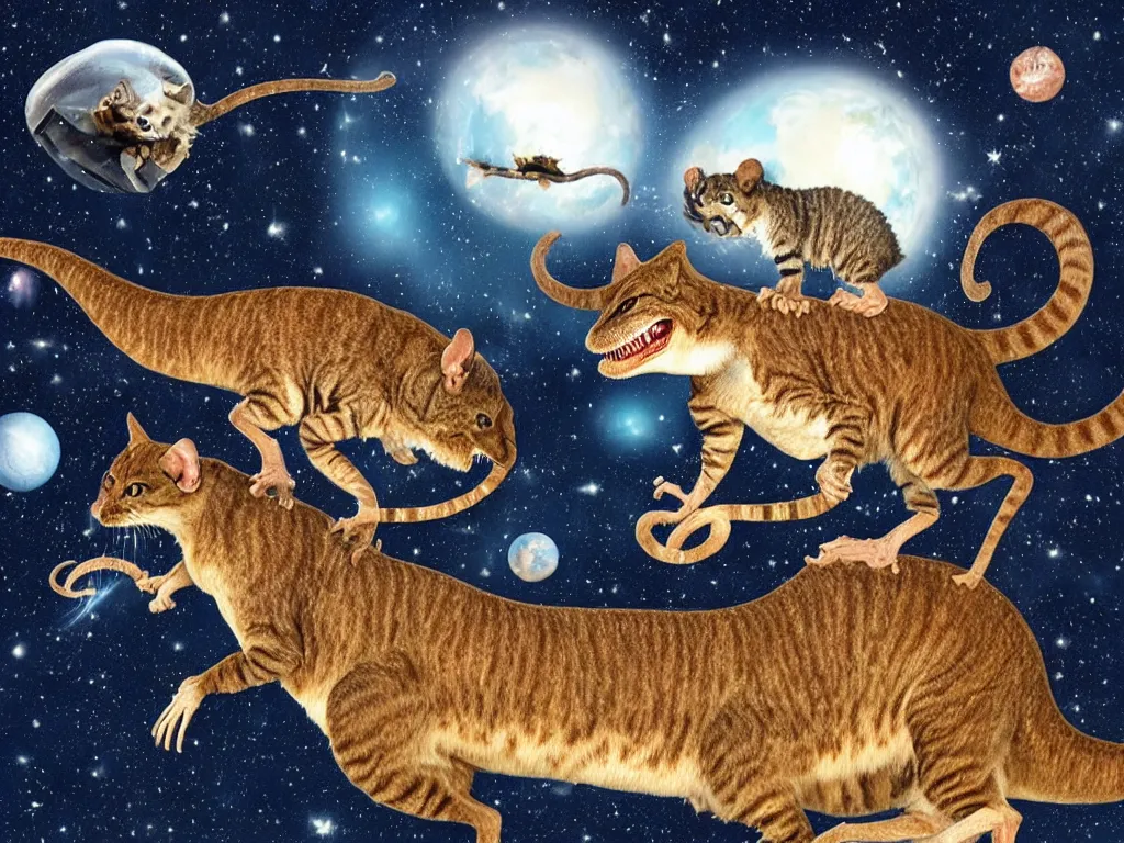 Prompt: a cat eating a mouse on top on a t-rex in space