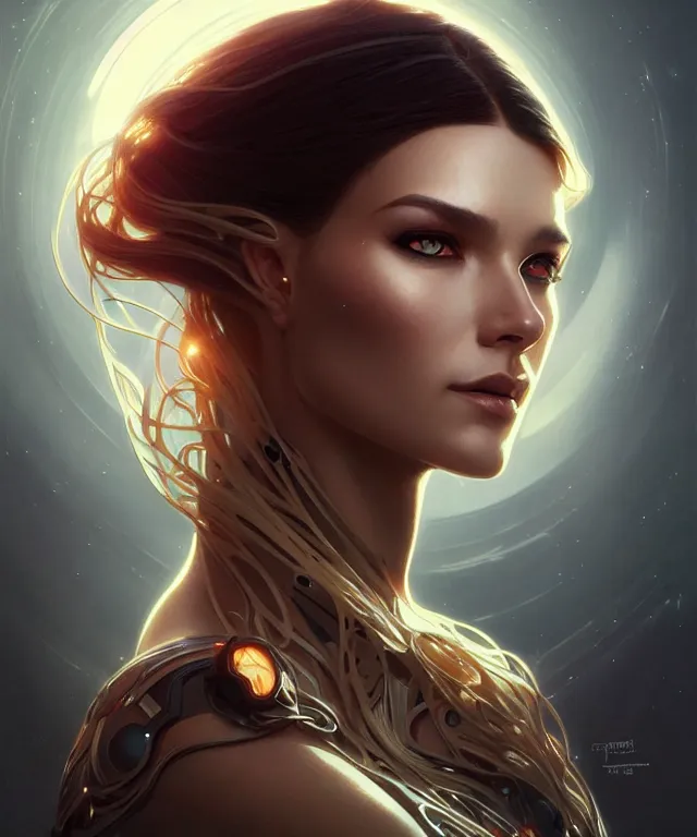 Image similar to futuristic woman portrait, sci-fi, amber eyes, face, long hair, fantasy, intricate, elegant, highly detailed, digital painting, artstation, concept art, smooth, sharp focus, illustration, art by artgerm and greg rutkowski and alphonse mucha