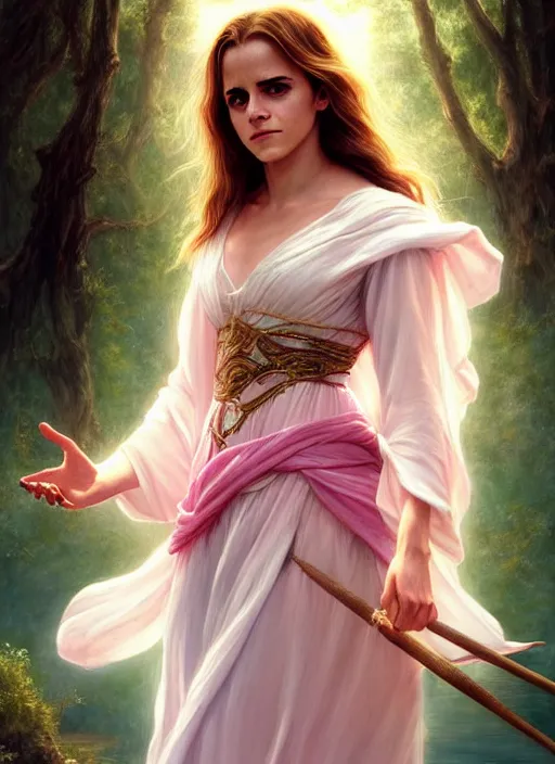 Prompt: emma watson as magic healer goddess, long hair, white and pink cloth, lake in the forest, D&D, shiny background, intricate, elegant, highly detailed, digital painting, artstation, concept art, smooth, sharp focus, illustration, artgerm, bouguereau